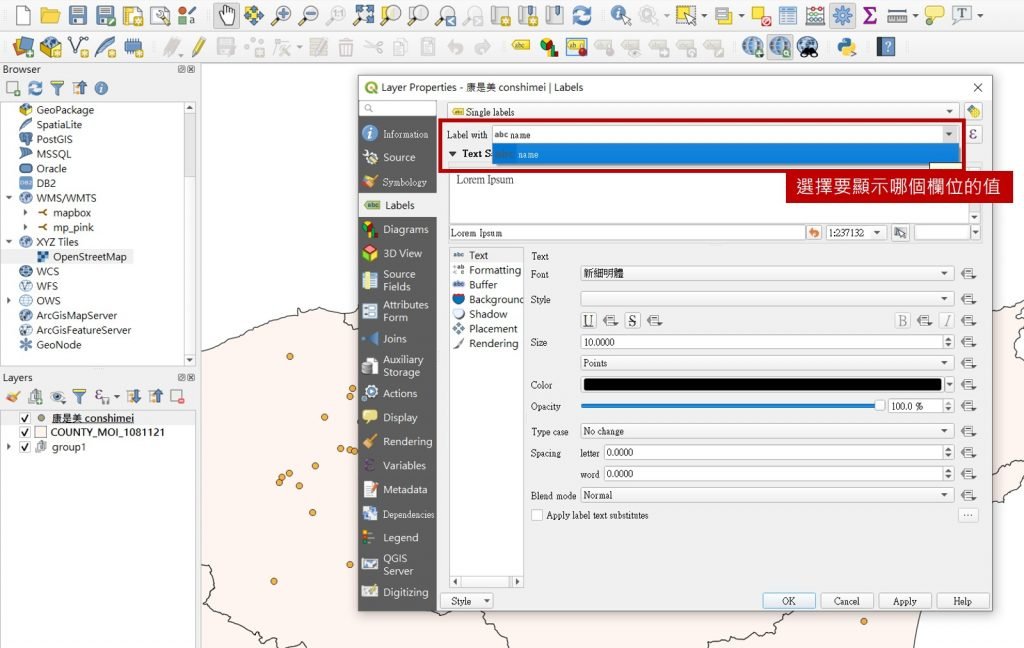 QGIS-設定要顯示哪個欄位的文字