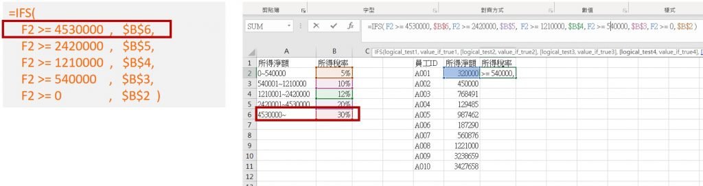 excel-IFS-範例函數對照說明